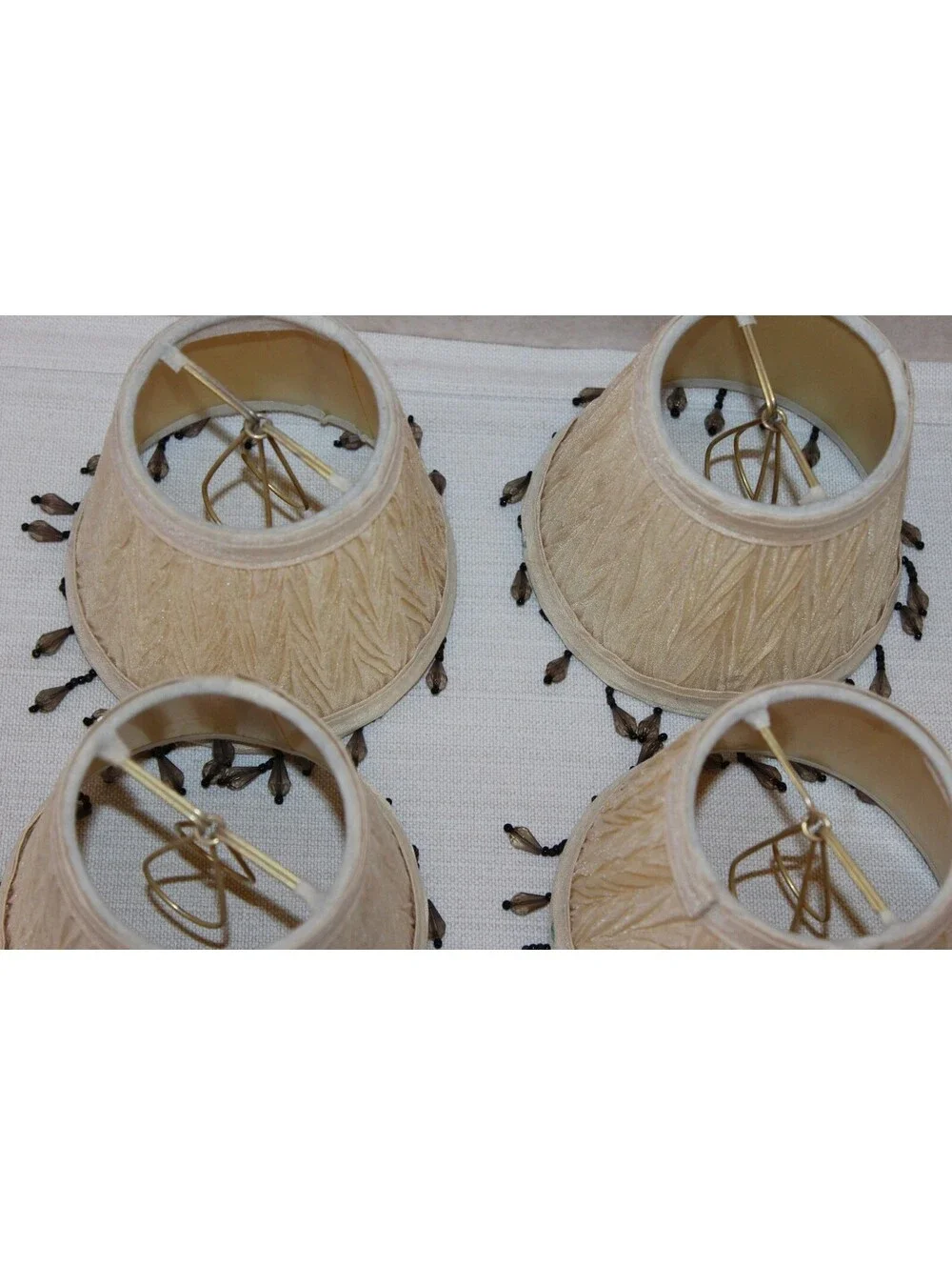 Vintage Clip-On Chandelier Lamp Shades Cream Pleated Beaded Fringe Set of 4